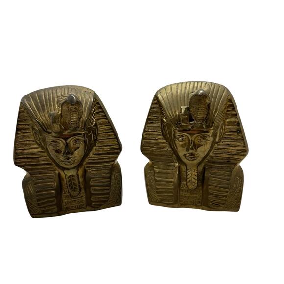 Vintage Solid Brass Egyptian Bookends Pharaoh Tutankhamun Pair Egypt Heavy - Picture 1 of 5